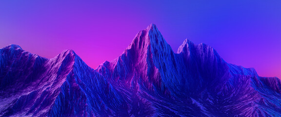 rendu 3D. Fond néon abstrait avec des montagnes. Paysage de terrain fantastique
