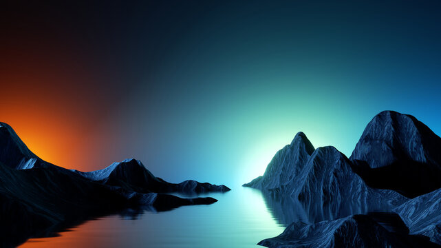 3d render, panoramic background. Mysterious scenery with fiords under the colorful sky. Seascape with calm water and cliffs