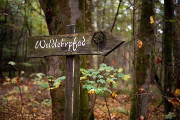 Waldlehrpfad Schild im Königsforst in Köln.