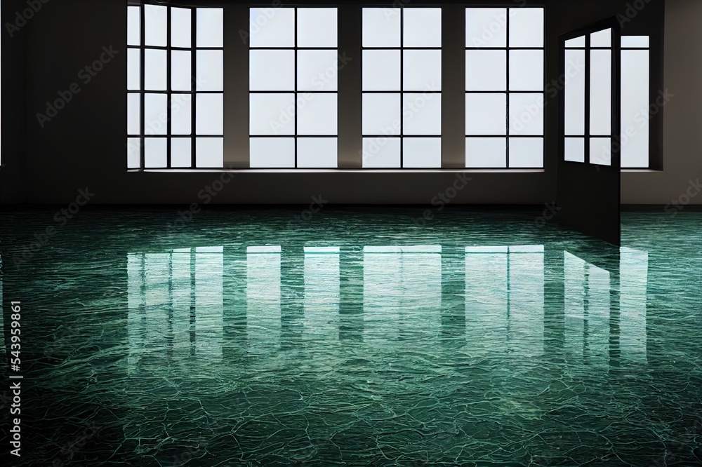 Poster empty floor with water surface background, 3d rendering. computer digital drawing.