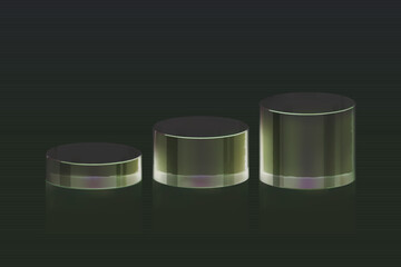 3d glass podium on black background. Beauty product display cosmetic minimal scene. Vector cosmetic promotion stage.