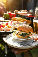 Tasty burger on table near barbecue grill outdoors
