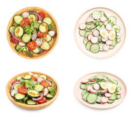 Set of delicious salad with cucumbers and different ingredients on white background