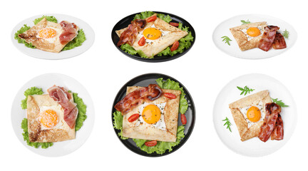 Set with delicious crepes with eggs on white background. Breton galette. Banner design