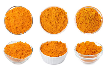 Set with saffron powder on white background