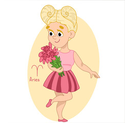 Aries zodiac sign. Girl with flowers. Isolate vector illustration. Character Girl on a white background.  Hand drawn illustration. Blonde girl in a pink dress
