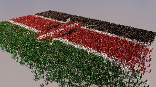 A Crowd of People congregating to form the Flag of Kenya. Kenyan Banner on White.