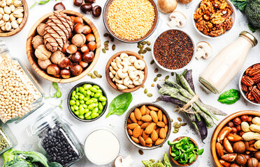 Vegan protein. Full set of plant based vegetarian food sources. Healthy eating, diet ingredients: legumes, beans, lentils, nuts, soy and almond milk, tofu, mushrooms, quinoa, chia, vegetables, spinach