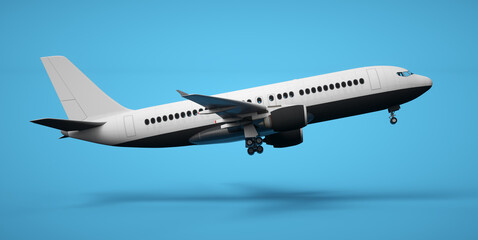Fototapeta na wymiar High detailed white plane, 3d rendering on a blue background. Airplane take off. Airline concept. Travel passenger plane. Commercial jet plane.