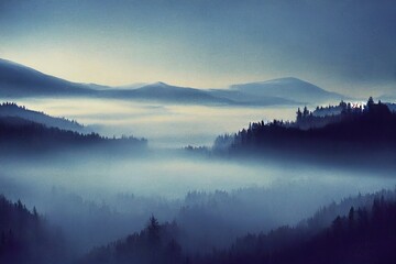 Fog in winter on Lake Vita, Carpathians, Mizhhiria, western Ukraine