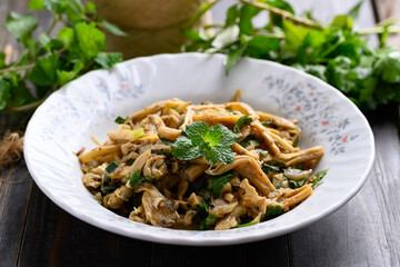 Northern Thai food (Yum Nor Mai), Spicy bamboo shoot salad eating with fresh vegetables, Local Thai food