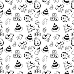 Hand drawn outline pattern with baby elements. Seamless pattern. Monochrome pattern.