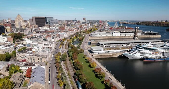 aerial hyperlapse view of old port Montreal, Canada in a busy day in summer 