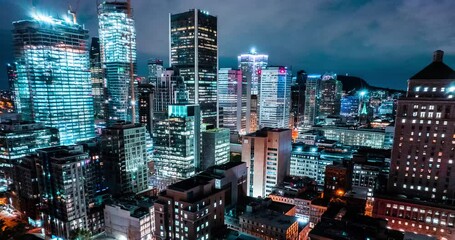 Bright and impressive skyline of a modern architecture and financial buildings in Montreal city  Canada at Night