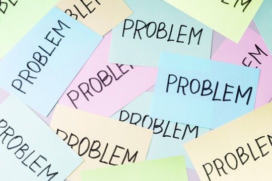 top view of many notes with broblem word. many problems in business.