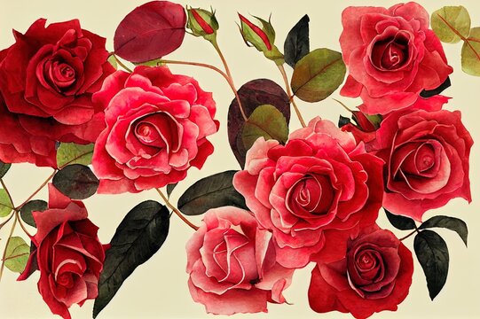  watercolor elements of roses collection garden red, burgundy flowers, leaves, branches, Botanic illustration isolated on white background. bud of flowers