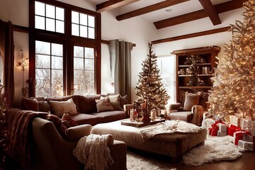 Fototapeta premium Winter home decor. Christmas rustic interior. Farmhouse decoration style.