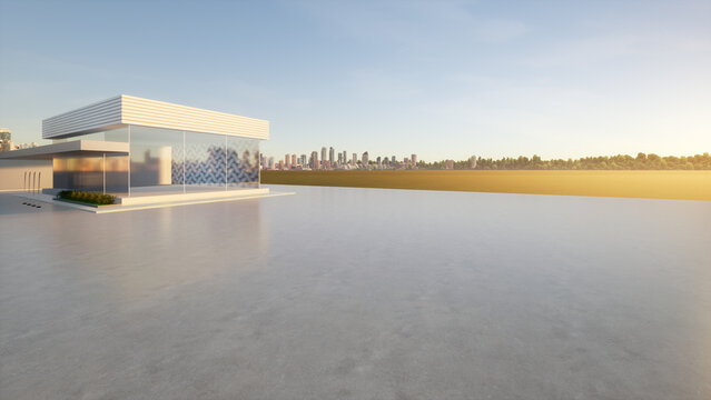 3d Rendering Of Concrete Floor, Empty Space At Outdoor. Include Blur Modern Building Exterior Of Showroom, Shop Or Store. Background Design With Sky, City For Auto Car Product Display.
