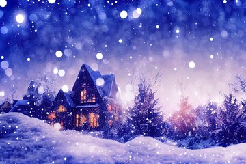 MAGICAL WINTER BACKGROUND WITH SNOW, SNOW FLAKES AND SOFT BOKEH LIGHTS ON BLUE SKY, COLD BACKDROP FOR CHRISTMAS, SNOWY STILL LIEFE AT FROSTY WEATHER TIME
