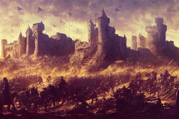 Fototapeta premium A battlefield with wounded, defeated knights, those who survived are sitting exhausted, spear fragments and bloodthirsty feasting crows are everywhere, behind a bright sun with castles and. 2d art