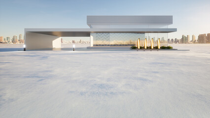3d rendering of snow cover on ground floor, empty space at outdoor. Include blur modern building...
