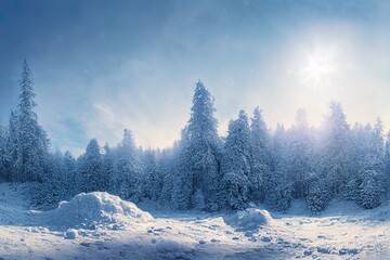 Pile of snow with blur winter panorama. Landscape with spruce trees, blue sky with sun light on background