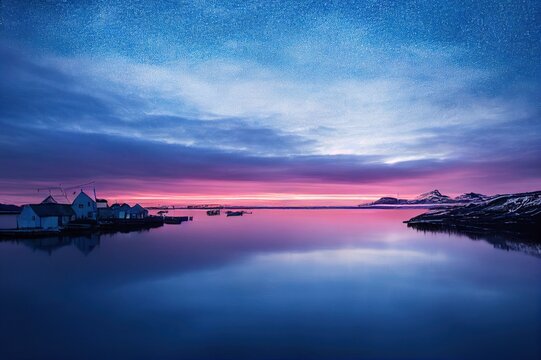 Winter seascape of fishing village in Norway shot at blue hour.