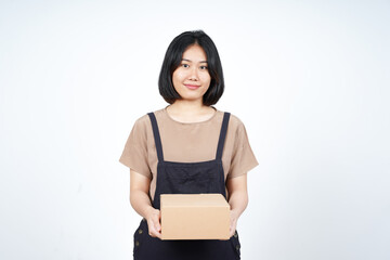 Holding Package Box or Cardboard Box of Beautiful Asian Woman Isolated On White Background