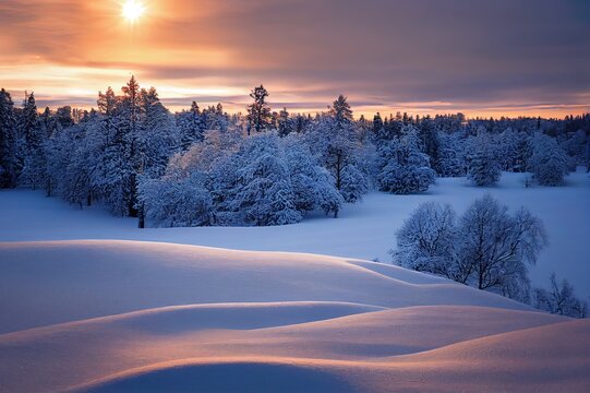 magical winter landscape in hedmark county norway europe. amazing winter scene with snow covered trees and beautiful light in the golden hour in december.