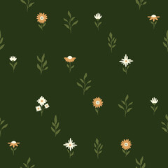 Powtarzalny wzór - gałązki i kwiaty na zielonym tle. Dekoracyjne tło na okładkę, tapetę, papier pakowy, tekstylia, tło, opakowanie, plakat. Wektorowa ilustracja.