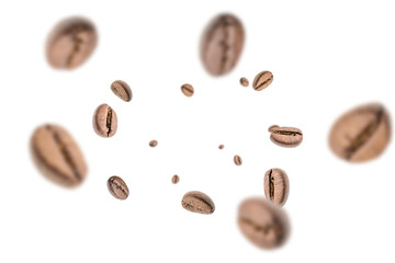 Coffee beans flying background. Black espresso grain falling on white. Rustic coffee bean fall isolated. Represent breakfast, energy, freshness or great aroma concept.