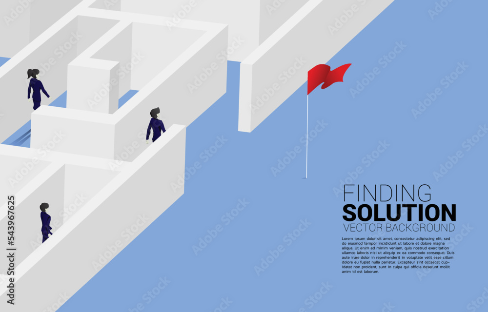 Poster Silhouette of businessman find the way out from maze to red flag. business concept for finding solution and reach goal