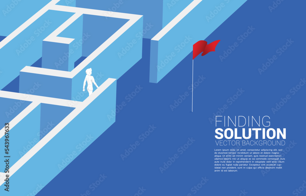 Poster Silhouette of businessman find the way out from maze to red flag. business concept for finding solution and reach goal