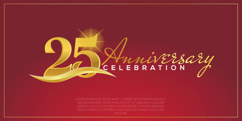 25th anniversary logo with confetti golden colored text isolated on red background, vector design for greeting card and invitation card