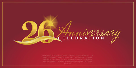 26th anniversary logo with confetti golden colored text isolated on red background, vector design for greeting card and invitation card