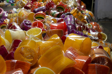 Bright colorful Rajasthani bangles being sold at famous Sardar Market and Ghanta ghar Clock tower in Jodhpur, Rajasthan, India.