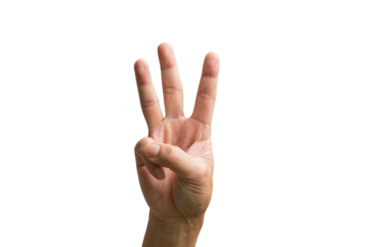 Pointing up with fingers number three. Close up, isolated on white background.