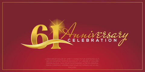 61st anniversary logo with confetti golden colored text isolated on red background, vector design for greeting card and invitation card