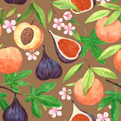 Seamless pattern with watercolor blooming peach branches with flowers and ripe fig fruits. Decorative texture for design