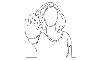 continuous line of woman showing palm as stop sign, stay, hold or rejection gesture - obrazy, fototapety, plakaty