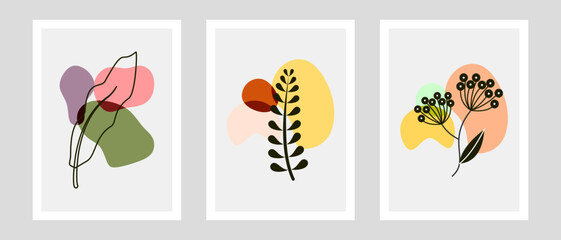 Botanical wall art vector set. Foliage line art drawing with abstract shape. Abstract Plant Art design for print, cover, wallpaper, Minimal and natural wall art. Vector illustration.
