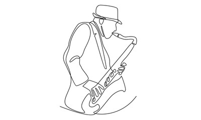 continuous line of male saxophonist with hat performing to play saxophone - obrazy, fototapety, plakaty