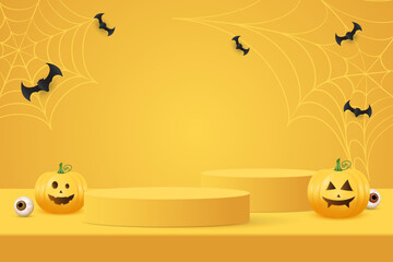 Podium orange minimal scene 3d with pumpkin happy halloween. Happy Halloween festive banner. 3d realistic orange cylinder, pedestal, podium. Happy Halloween banner. 3d podium vector illustration.