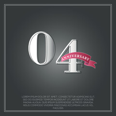 04 Years Anniversary celebration logotype colored with shiny gray, using ribbon and isolated on black background
