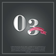 03 Years Anniversary celebration logotype colored with shiny gray, using ribbon and isolated on black background
