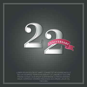 22  Years Anniversary celebration logotype colored with shiny gray, using ribbon and isolated on black background
