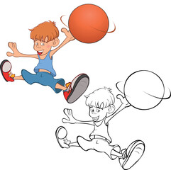 Vector Illustration of Cute Little Boy. Basketball player. Coloring Book. 