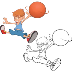 Tuinposter Vector Illustration of Cute Little Boy. Basketball player. Coloring Book.  © liusa