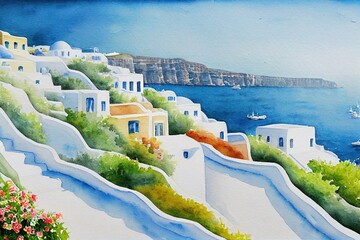 hand drawn watercolor painting of beautiful Santorini island. landscape painting with white building, house, blue ocean, terrace, trees, flowers, houseplants, stair, coast and sunny sky for print, etc - obrazy, fototapety, plakaty