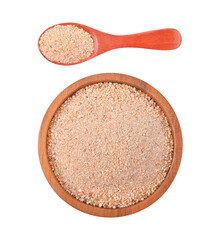 Ground Roasted Glutinous Rice in wooden bowl and spoon on transparent png. Top view